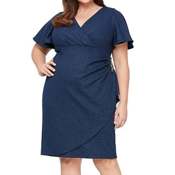 NWT Ignite Evenings Short Sleeve Surplice V-Neck Sheath Dress Navy Blue Size 16 - Picture 14 of 15